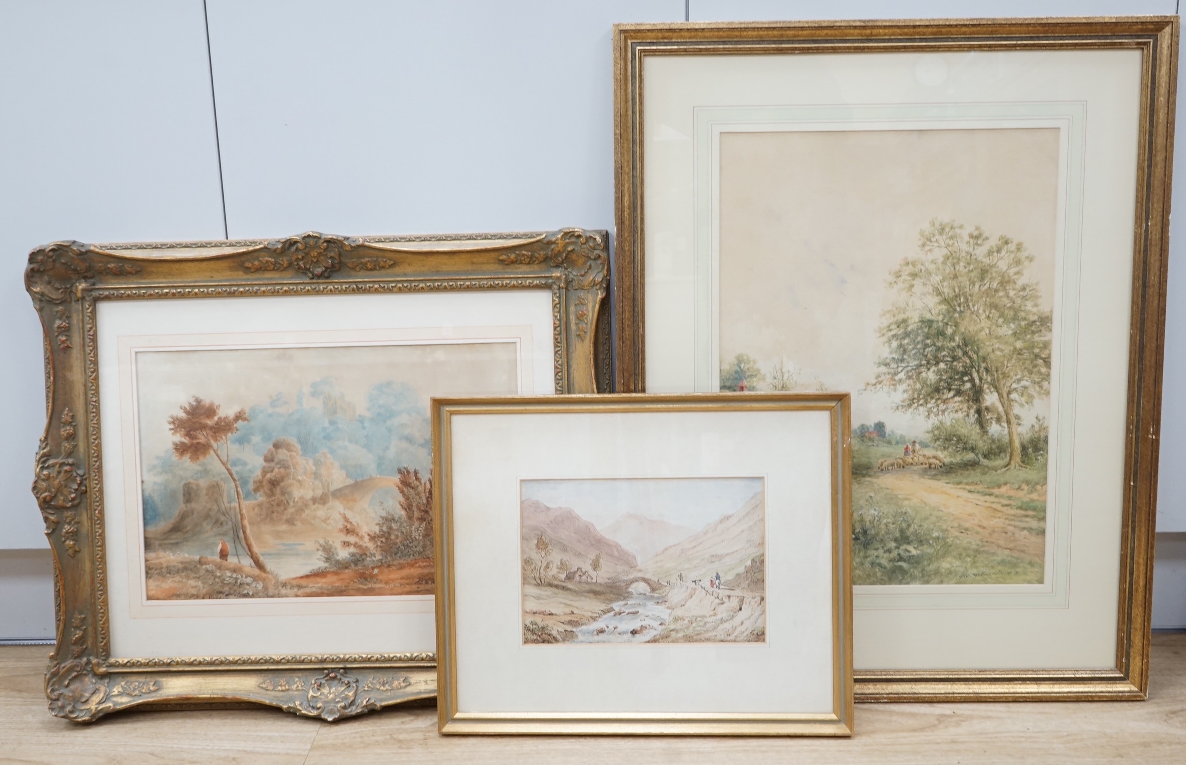 Henry John Kinnaird (1861-1929), watercolour, Sussex view together with two other watercolours, comprising two Continental riverscapes, one signed W R Collett and dated '53, largest 47 x 35cm